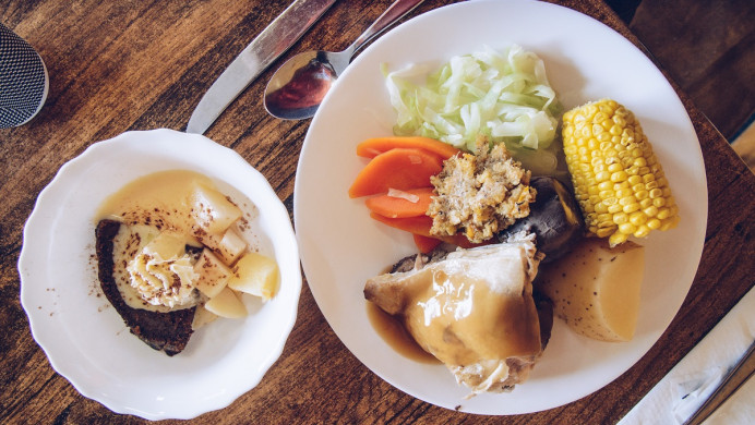 Hangi with chicken,stuffing,corn,cabbage,carrots and steamed pudding