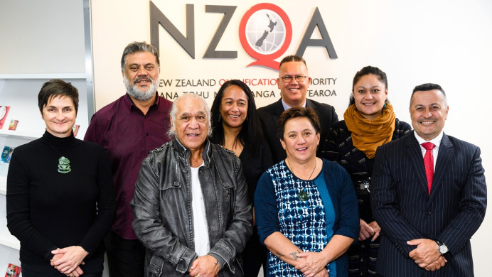 Nga Kaituhono - from left Hana O'Regan, Rahui Papa, Hone Pereki Sadler, Rangimarie Hunia, Sophie Tukuino, Merepaea Te Uira Dunn, Wiremu Doherty
