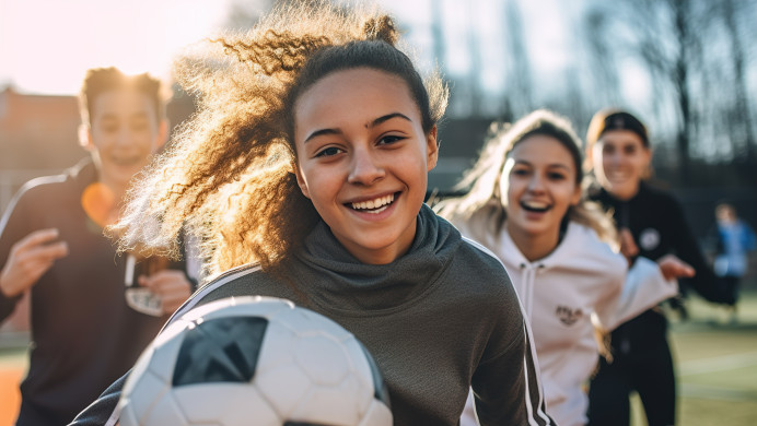 A group of students play with a ball on the field